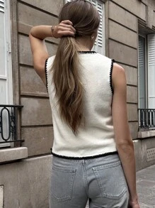 Chiquease Vestă pulover damă alb-negru, stil casual francez, lejer, cu decolteu în V, fără mâneci, tricotată, cu garnituri contrastante, toamnă/iarnă, pentru întoarcerea la școală, pentru ieșiri, haine de toamnă pentru femei, haine pentru înapoi la școală, vacanță de vară, călătorie însorită, vibrații de vacanță, pulovere tricotate, haine pentru universitate, ținute casual de primăvară