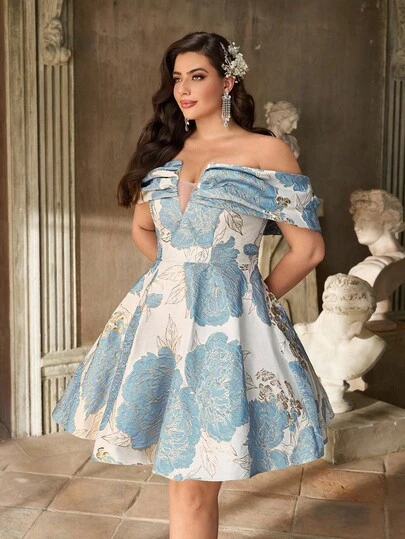 Aureia Plus Size Elegant Luxurious Blue & Gold Jacquard Off-Shoulder V-Neck Ruched A-Line Dress, Suitable For Party, Celebration, Formal Dinner, Gala