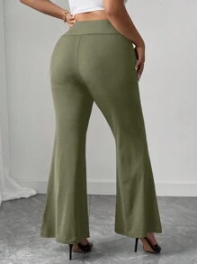 Elenzga Plus Size Women's New Asymmetric Waist Flare Knit Pants, Black, Loose Fit Elegant Office Wear Plus Size Flare Pants Plus Size Bell Bottoms Stretchy Pants Fall Cloth For Women