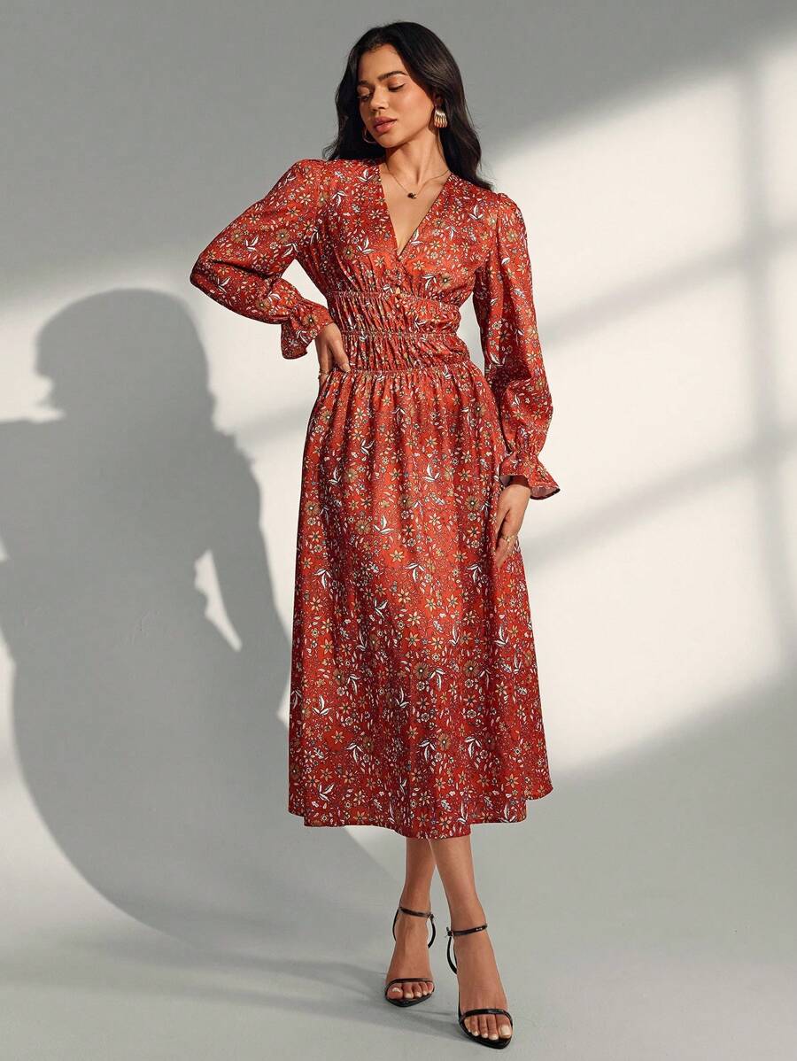 Chiquease Robe longue ample à manches longues avec imprimé floral marguerite pour femmes - Orange brûlé - Voir 1