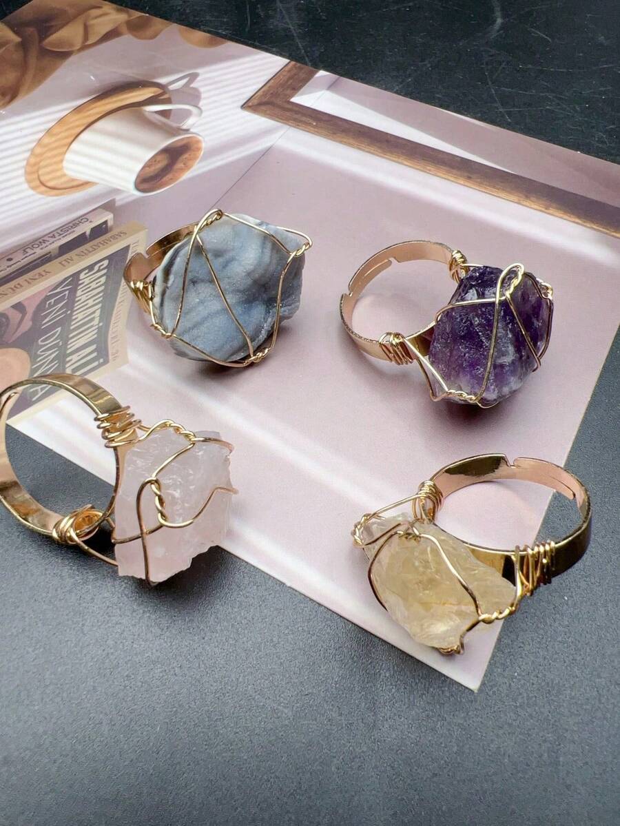 SHEIN Basic living 1pc Natural Crystal Rough Raw Ring Healing Gemston Statement Copper Wire Wrapped Asymmetric Crystal Gemstone Adjustable Adjustable Rings Jewelry For Women Girls Best Gifts Birthday Graduation