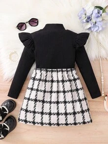 Emery Rose Kids Emery Rose Kids 2pcs Young Girl Knitted Solid Color Ruffle Trim T-Shirt And Plaid Skirt Set Girls Black Rib Knit Top And Skirt Set Girls Black And White Checkered Skirt Set Black And White Outfit For Girls Girls Tweed Skirt Set Girls Ribbed Turtleneck Shirt And Skirt Set Girls Black Rib Knit Top And Plaid Skirt Set Black And White Plaid Skirt Set For Girls Girls Black Ruffle Long Sleeve Shirt Girls Winter Two Piece Outfit Girls Tweed Skirt And Top Set,Golden Botton Decor Plaid Skirt Set, Girls Autumn Winter Outfit,Casual Wear,Halloween ,Family Vocation,Mommy & Sisters & Me Matching,Twims Girl,Black, Christmas, School Style Sets Fall