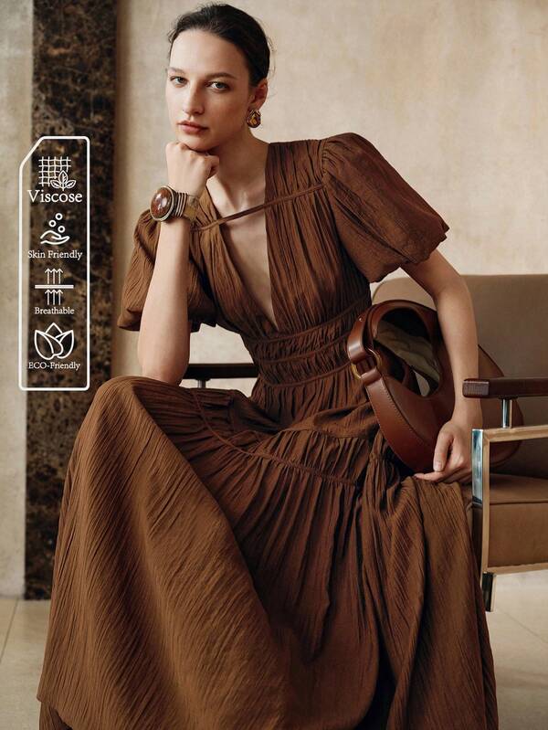 Arave Vestido elegante y sexy de algodón de unicolor con escote en V profundo, cintura ceñida y mangas cortas abullonadas, adecuado para citas, vacaciones, primavera/verano/otoño