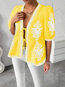 Breezaya Blouse femme à manches bouffantes avec nœud devant et imprimé floral - Multicolore - Voir 5