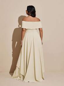 Viva Relle 大码女式优雅奢华派对礼服，露肩，钻石装饰，雪纺褶皱长裙 - 杏色 - 查看 4