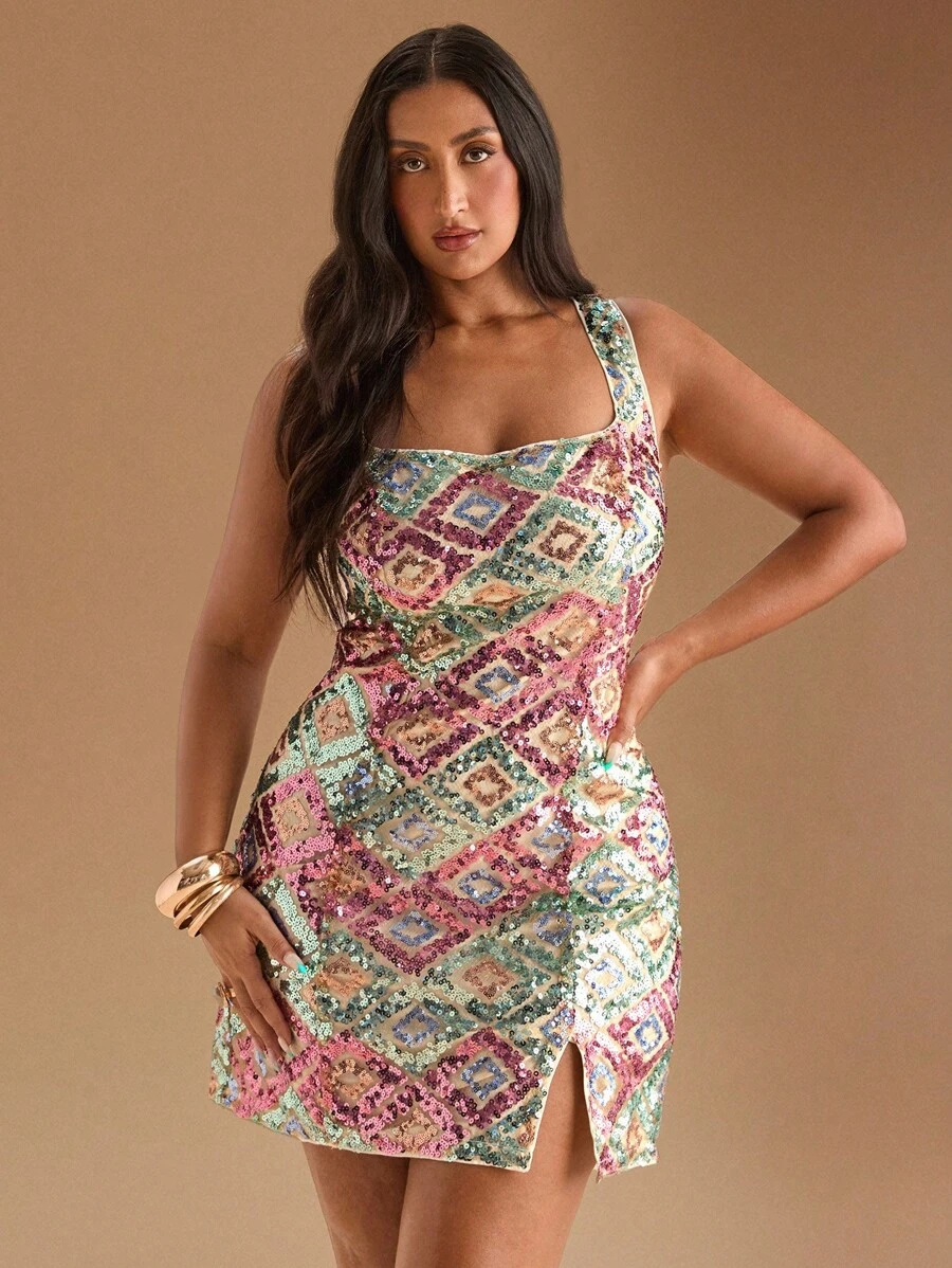 Women's Scoop Neck Sleeveless Slim Fit Elegant Sequin Dress - Black - View 1