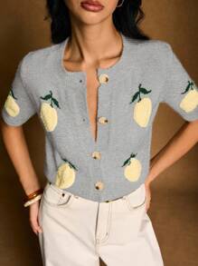 Poéselle 柠檬刺绣休闲针织短袖开衫 - 淺灰色 - 查看 6