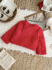 SHEIN Baby Girls' Autumn/Winter Warm Fleece Cardigan With Bow, Versatile And Elegant, Suitable For Outings Fall - Red - View 2