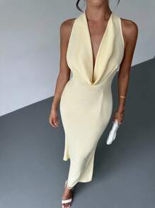 Firerie Elegant Pale Yellow Summmer Day Party Halter Deep V Backless Mermaid Maxi Dress, Glamorous Wedding Guest Formal Dresses For Vacation Graduation - Yellow - View 6
