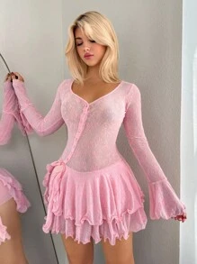 Sweetina Cute Pink Ruffle Solid Color Sweetheart Neck Fitted Long Sleeve Flocked Fabric Dress Pink Dress Pink Mini Dress Short Pink Dress Pink Dress For Women Pink Babydoll Dress