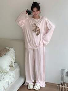 Dazy Plus Plus Size Women Polka Dot Cat Print Loose Fit Round Neck Top And Pants Pajama Set, Pink, Fall Clothes, Cozy Outfits