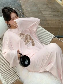 Dazy Plus Plus Size Women Polka Dot Cat Print Loose Fit Round Neck Top And Pants Pajama Set, Pink, Fall Clothes, Cozy Outfits