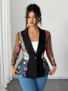 Elenzga Plus Size Women Embroidered Mesh Patchwork Sheer Elegant Blouse - Black - View 6