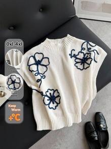 Firerie Suéter informal de punto con decoración floral 3D, talla grande, para primavera/otoño