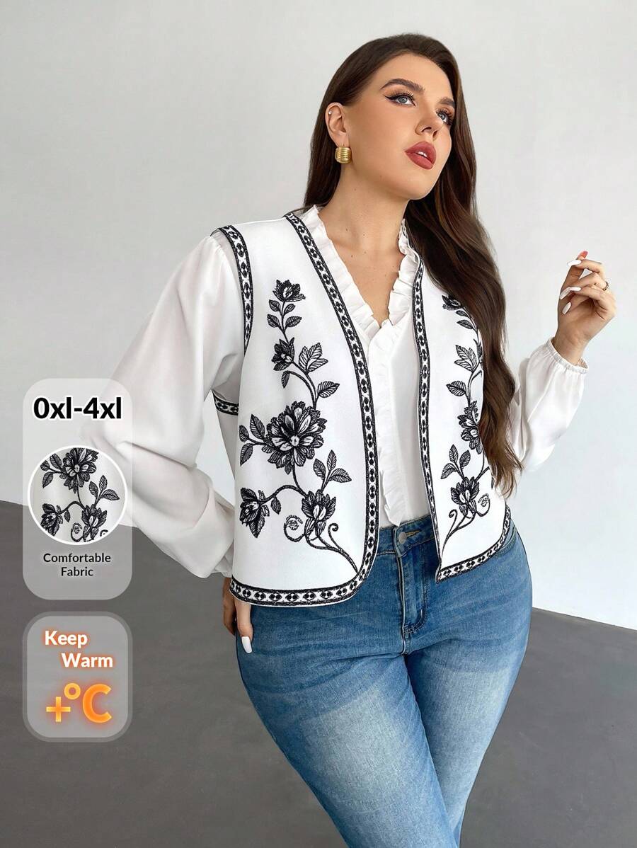 Firerie 大码优雅休闲度假西部复古学院风无袖夹克，花卉印花休闲背心