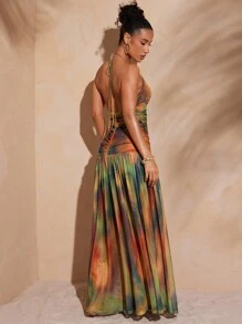 Hauture Sexy Summer Vacation Abstract Printed Deep Plunge Ruched Halter Open Back Maxi Dress - Multicolor - View 2