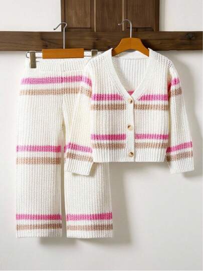 Genkimix Kids 2 Pieces Girls' Casual Lounge Set - Pink & Brown Striped Cardigan With Wide-Leg Pants, Lightweight Long Sleeve Knit Sweater & Relaxed Fit Trousers, Comfy Home & Sportswear Outfit Fall Winter