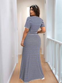 Solflare 2pcs/Set Women Plus Size Casual Vacation T-Shirt And Striped Maxi Dress, Spring/Summer - Navy Blue - View 2