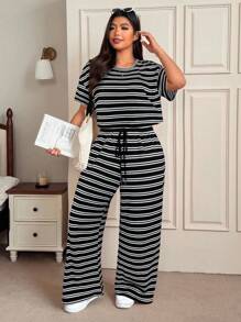 SHEIN EZwear 大码红色条纹T恤和裤子休闲两件套，夏季 - 黑色 - 查看 4