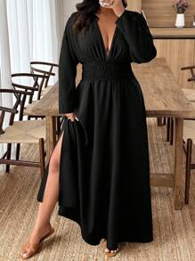 EMERY ROSE 大码纯色深褶皱七分袖优雅连衣裙 - 黑色 - 查看 1