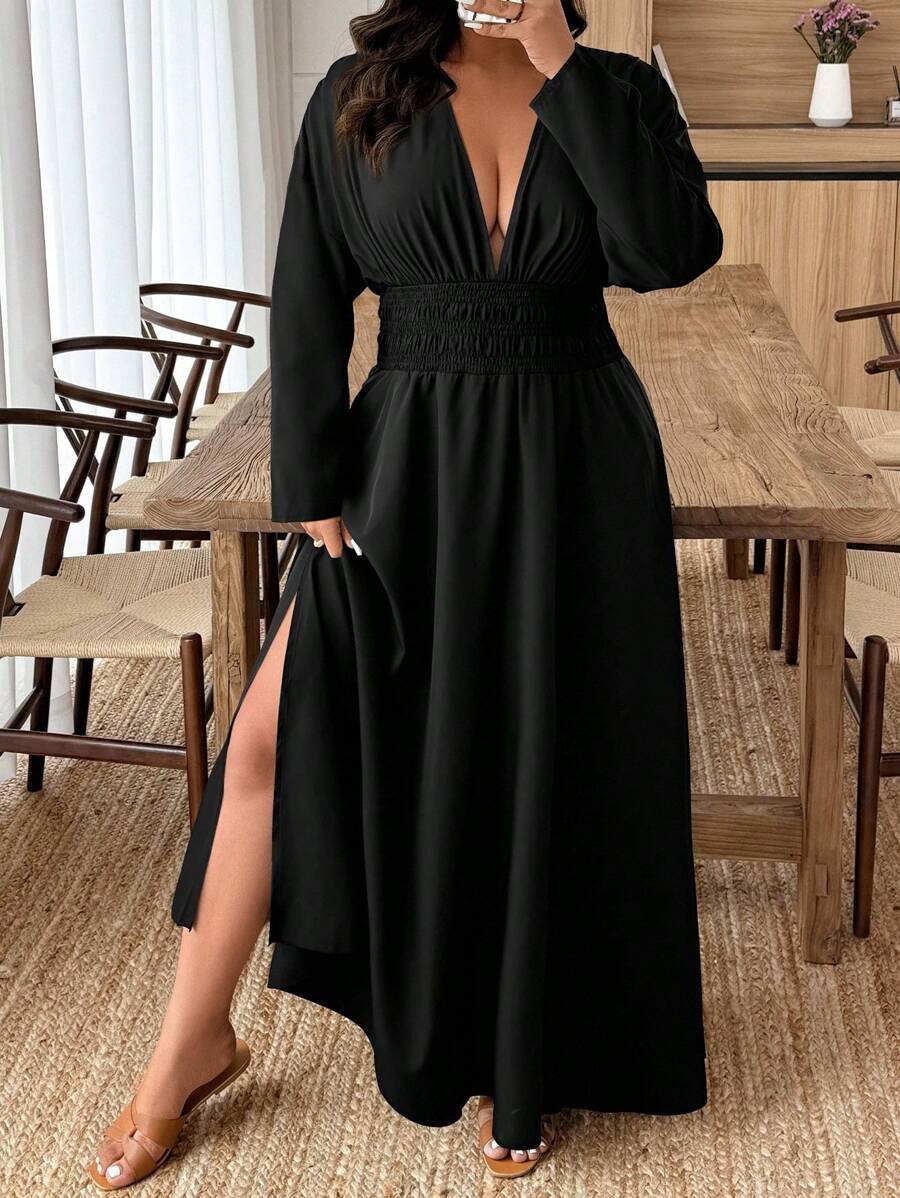 EMERY ROSE 大码纯色深褶皱七分袖优雅连衣裙 - 黑色 - 查看 1