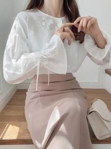 FRIFUL Women's Solid Beige Round Neck Drop Shoulder Long Sleeve Drawstring Cuff Cotton Embroidered Loose Casual Blouse, Suitable For Autumn - Beige - View 6