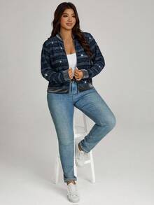 Comfylo Plus Size Women Striped Glitter Baseball Jacket In Fall/Winter - Blue - View 5