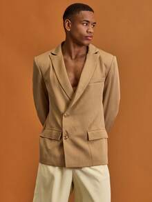 Musero Men Single Breast Tailored Patch Pocket Blazer Summer Spring Vacation Smart-Wear - Khaki - View 5