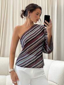 Aloruh Fall Women's Fashion Asymmetric Striped One Shoulder Sleeve Top,  Off Shoulder Design, Fall Women Clothes