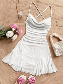 SHEIN Teen Girls Casual Vacation White Mesh Plunging Neck Backless Mini Dress, Short White Dress, Summer Dress, Ruched White Dress - White - View 7