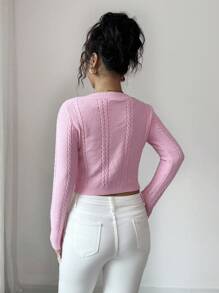 Elenzga 女式扭纹图案长袖单排扣短款针织开衫 - 粉色 - 查看 2