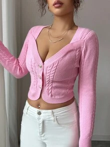 Elenzga 女式扭纹图案长袖单排扣短款针织开衫 - 粉色 - 查看 7