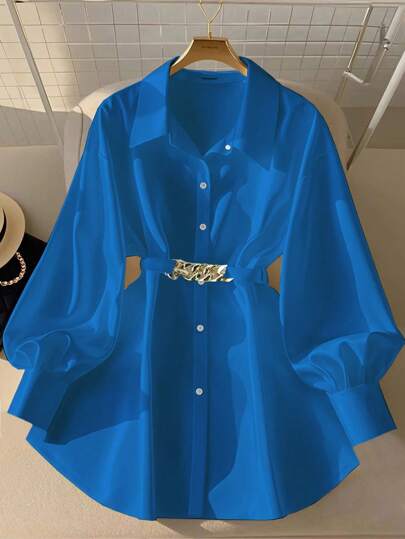 SHEIN Clasi Women's Solid Color Front Button Metal Chain Decor Long Sleeve Shirt