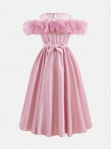 Tween Girl 优雅粉色网眼和欧根纱露肩连衣裙