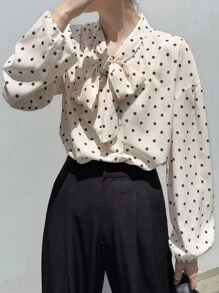 FRIFUL Women's Tie Neck Bow Polka Dot Loose Casual Versatile Blouse, Autumn Long Sleeve Top - Black and White - View 4