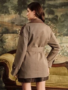 Anewsta Women's Classic Plaid Design Contrast Color Faux Leather Lapel Loose Fit Coat, Suitable For Autumn, Winter, Going Out, Elegant, Formal, Party, Chic, New Year, Christmas, Work, Graduation, Wedding