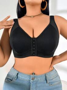 SHEIN 1 件装前扣式加大码无钢圈文胸 - 黑色 - 查看 5