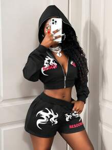 BamGleam BamGleam 2pcs Halloween Graphic Print Hoodie + High Waist Cropped Sexy Outfit Set+ Slim Shorts Slogan Skull Print White Women's Two Pieces Set-B, Autumn Back To School Fashion Fall Cloth For Women