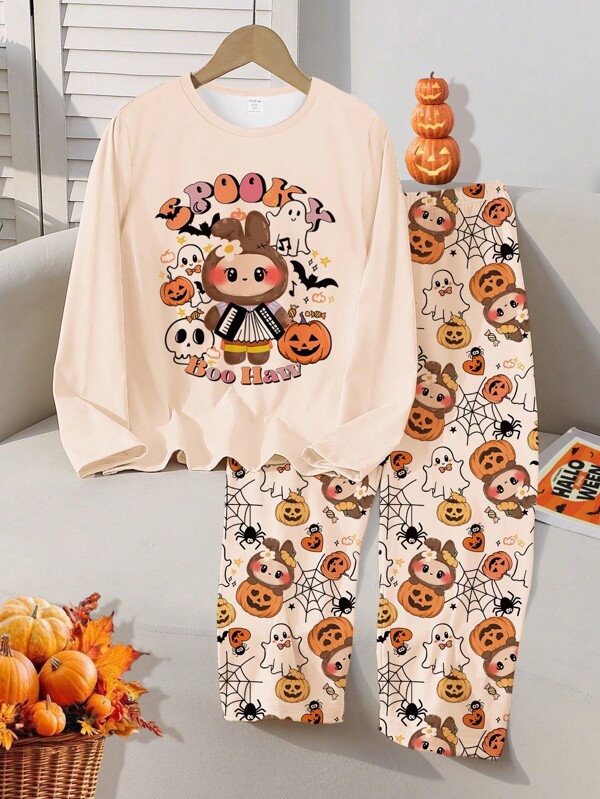 Tween Girls' Pajama Set, Apricot Minimalist Fashion Halloween Theme Rabbit & Pumpkin Print Pullover Crew Neck Long Pants Long Sleeve Casual Comfortable 2 Pieces Loungewear