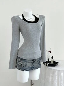 Elamini 女式 T 恤，秋季服装，长袖，色块 - 灰色 - 查看 1