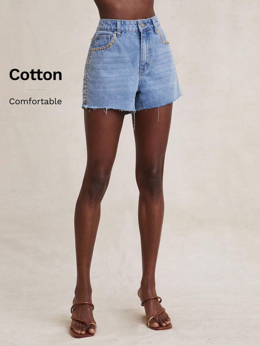 NYA SZN Short Mid Rise Metal Distress Detail Denim Shorts - Light Wash - View 1