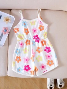 SHEIN 女童（小）白色时尚可爱卡通多色花卉印花吊带连体裤，舒适春夏