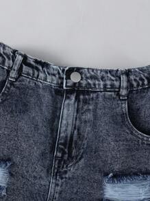 SHEIN Tween Girls Fashion Fitted Slim Stylish Distressed Light Wash Blue Denim Camisole Top Paired With Fitted Slim Distressed Light Wash Blue Denim Shorts, Casual Daily Versatile Girls Denim Set Fall Winter - Dark Wash - View 6