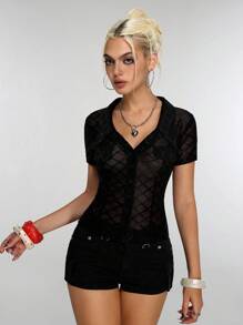 Flirla Women's Plaid Mesh Single-Breasted Short Sleeve Fitted Shirt - Black - View 7