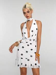 Jeanoix Women's Polka Dot Print Plunging Neck Sexy Fashion Halter Dress