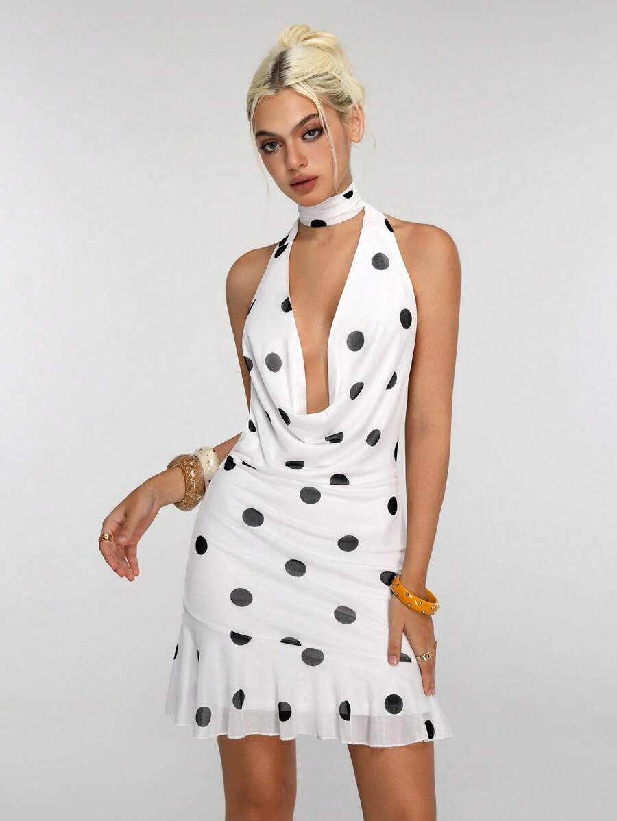 Jeanoix Women's Polka Dot Print Plunging Neck Sexy Fashion Halter Dress