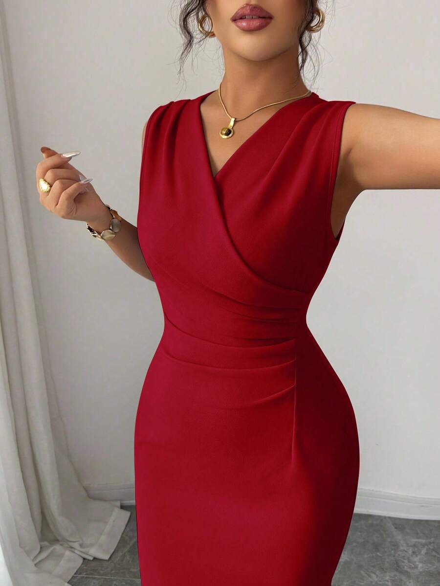 Elenzga Đầm ôm body màu trơn không tay cổ chữ V thoải mái, dễ thương, quyến rũ, lãng mạn, đi làm, thường ngày dành cho nữ - Màu Đỏ Sâu - Xem 1