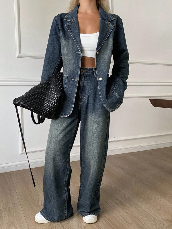 Strévra Ensemble veste à revers et jeans ample pour femmes en automne