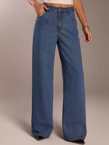 SHEIN Forever 21 春夏女士浪漫/舞会/正式/生日/90 年代/商务休闲/优雅/西部装/外出/时尚/休闲/千禧/俱乐部/办公室/鸡尾酒会/复古/狂欢/有趣/优雅/老钱/街头服饰/度假/乡村音乐会/工作/端庄/春假/单身派对/音乐会/坏人/基本款/毕业/蓝色低腰宽松直筒牛仔牛仔裤 - 藍色 - 查看 4