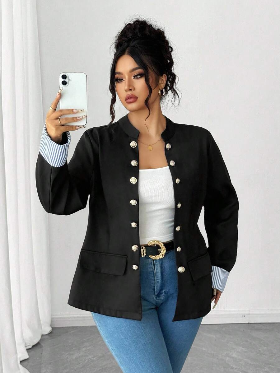 Elenzga Plus Size Retro Stand Collar Double-Breasted Long Sleeve Contrast Striped Cuff Women Jacket Fall Winter Cloth For Women Autumn - Black - View 1